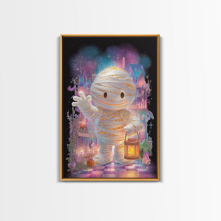 The Popcorn Mummy, Cute Spooky Neon Art, Vertical Wall Art, Framed Canvas Print, Retro Halloween Decor, Neon Wall Art, Spooky Wall Decor