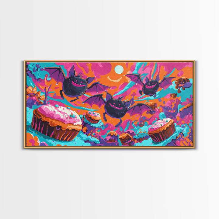 The Brownie Bat Bakery, Cute Spooky Neon Art, Wide Panoramic Art, Framed Canvas Print, Retro Halloween Decor, Neon Wall Art