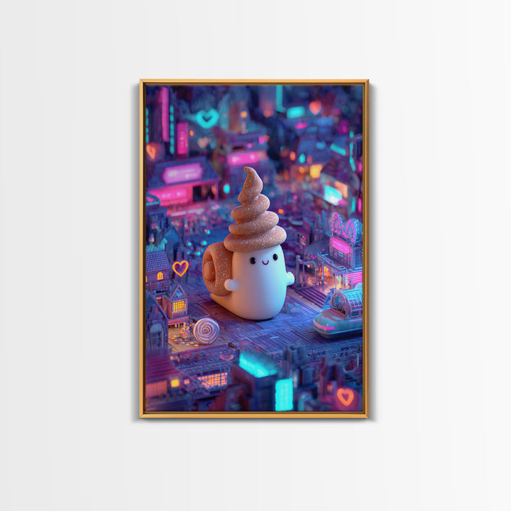 The Cinnamon-Roll Snail Witch, Retro Neon Halloween Art, Vertical Wall Art, Framed Canvas Print, Retro Halloween Decor, Neon Wall Art