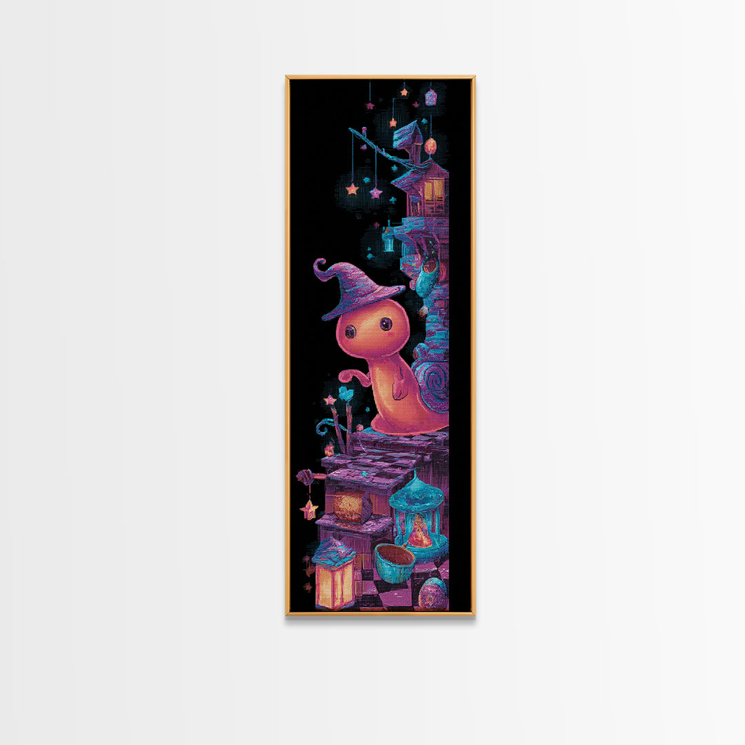 The Cinnamon-Roll Snail Witch, 80s Halloween Wall Art, Tall Narrow Wall Art, Framed Canvas Print, Retro Halloween Decor, Neon Wall Art