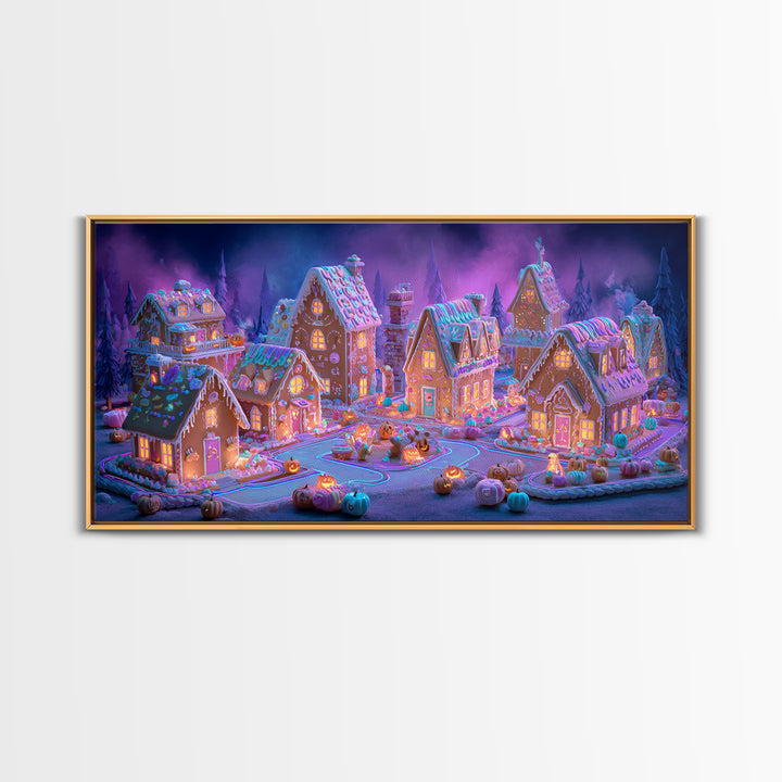 The Halloween Gingerbread Village, Retro Neon Halloween Art, Wide Panoramic Art, Framed Canvas Print, Retro Halloween Decor, Neon Wall Art