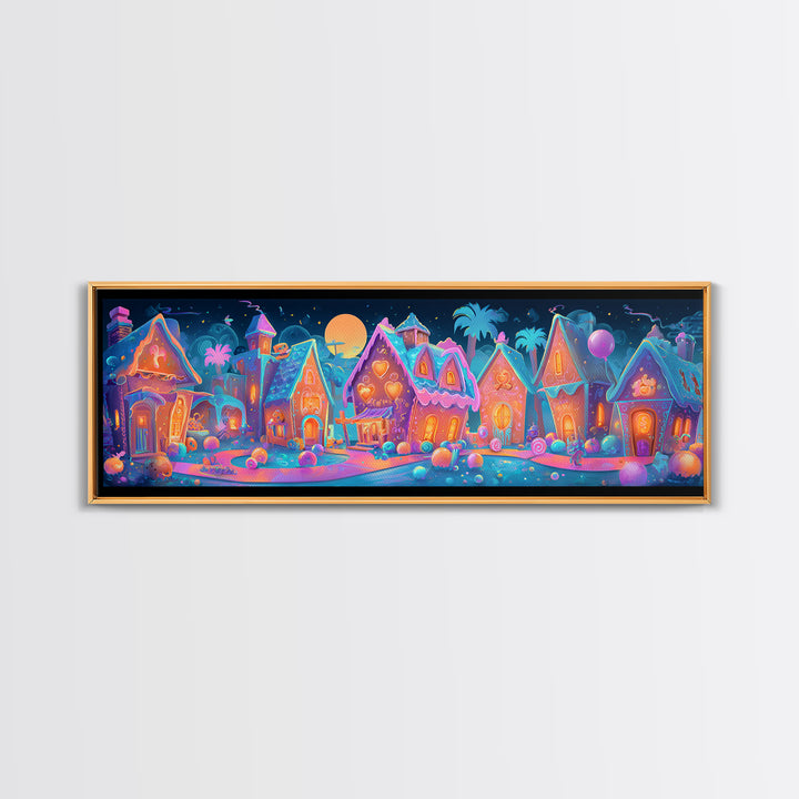 The Halloween Gingerbread Village, Retro Neon Halloween Art, Extra Wide Wall Art, Framed Canvas Print, Retro Halloween Decor, Neon Wall Art