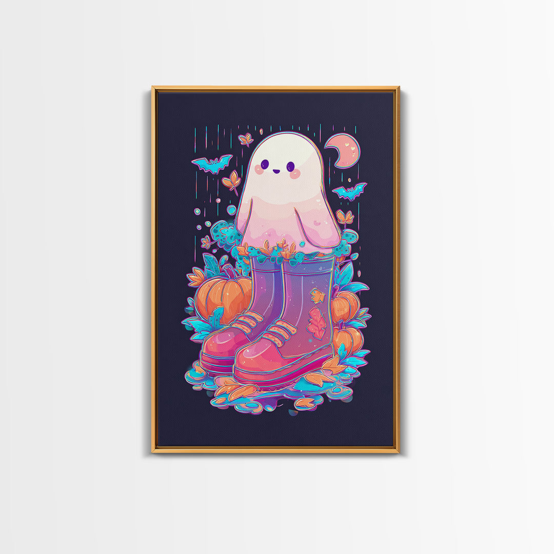 The Ghost In Rain Boots, Synthwave Halloween Art, Vertical Wall Art, Canvas Print, Retro Halloween Decor, Neon Wall Art