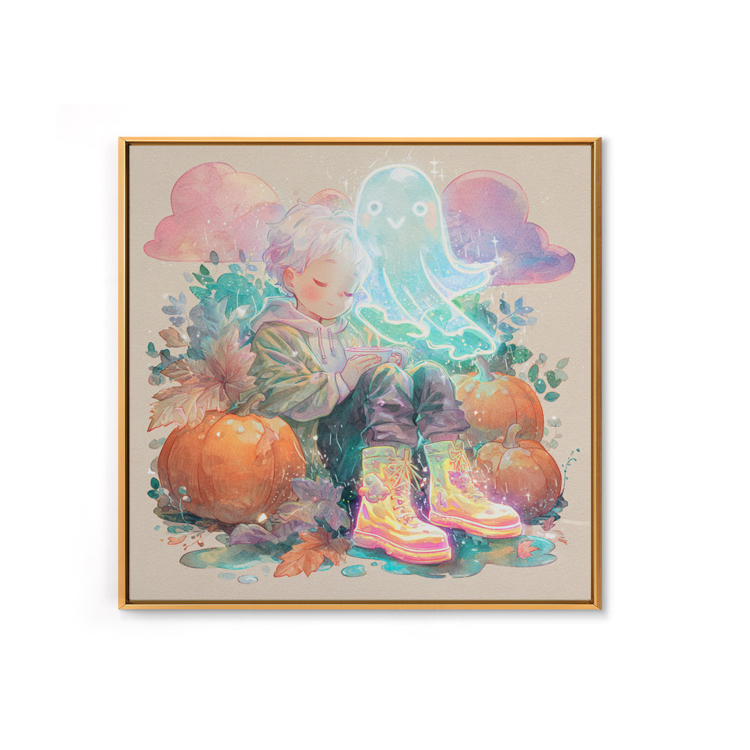 The Ghost In Rain Boots, Cute Spooky Neon Art, Square Wall Art, Framed Canvas Print, Retro Halloween Decor, Neon Wall Art
