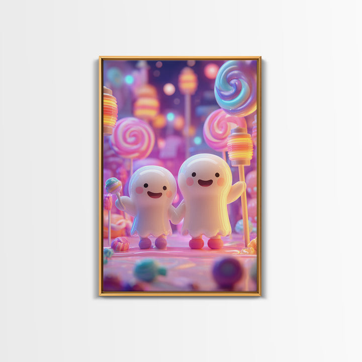 The Ghost Balloon Friend, Cute Spooky Neon Art, Vertical Wall Art, Framed Canvas Print, Retro Halloween Decor, Neon Wall Art