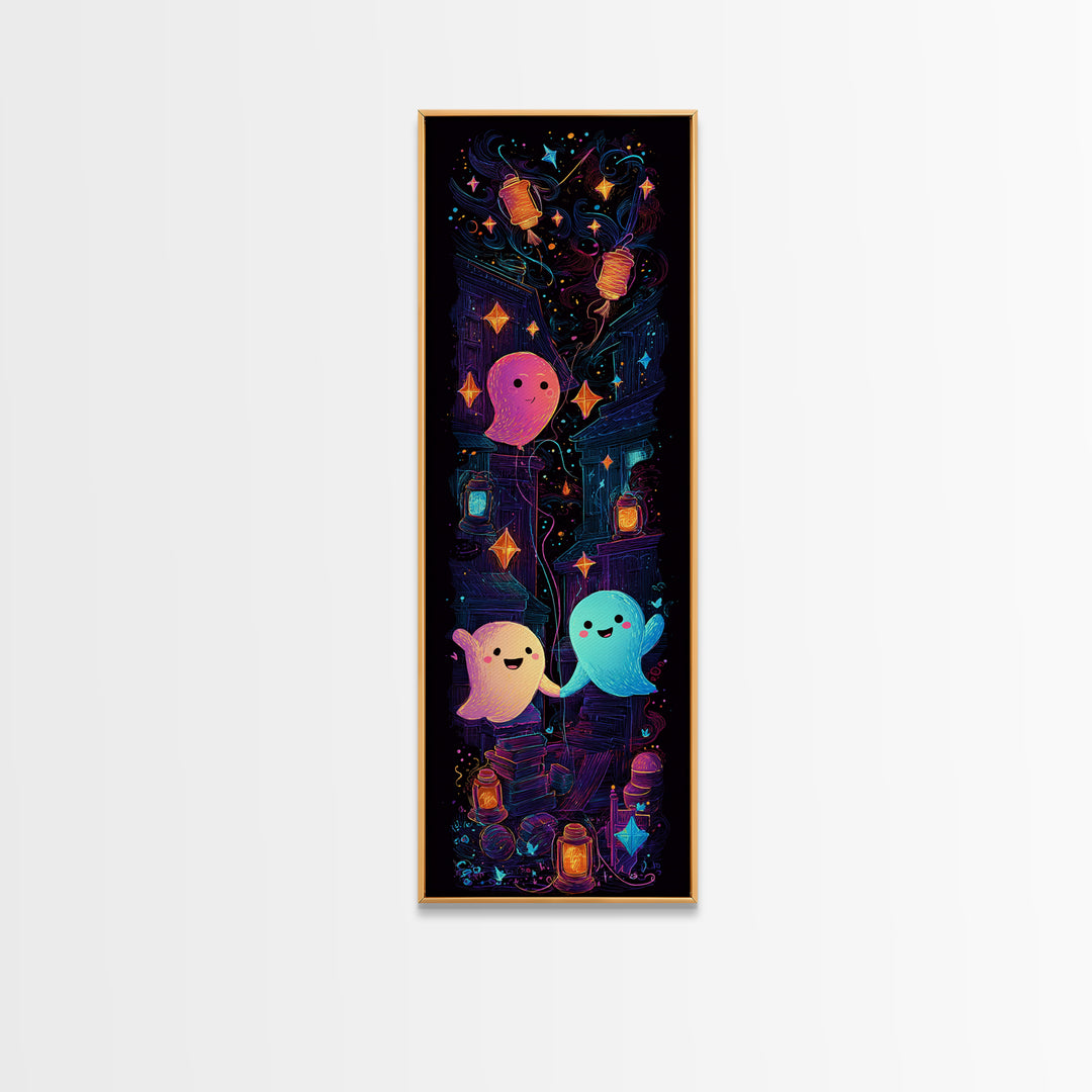 The Ghost Balloon Friend, 80s Halloween Wall Art, Tall Narrow Wall Art, Canvas Print, Retro Halloween Decor, Neon Wall Art