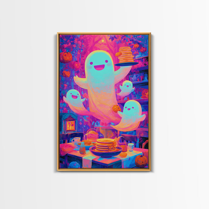 The Ghost Family Breakfast, Synthwave Halloween Art, Vertical Wall Art, Canvas Print, Retro Halloween Decor, Neon Wall Art