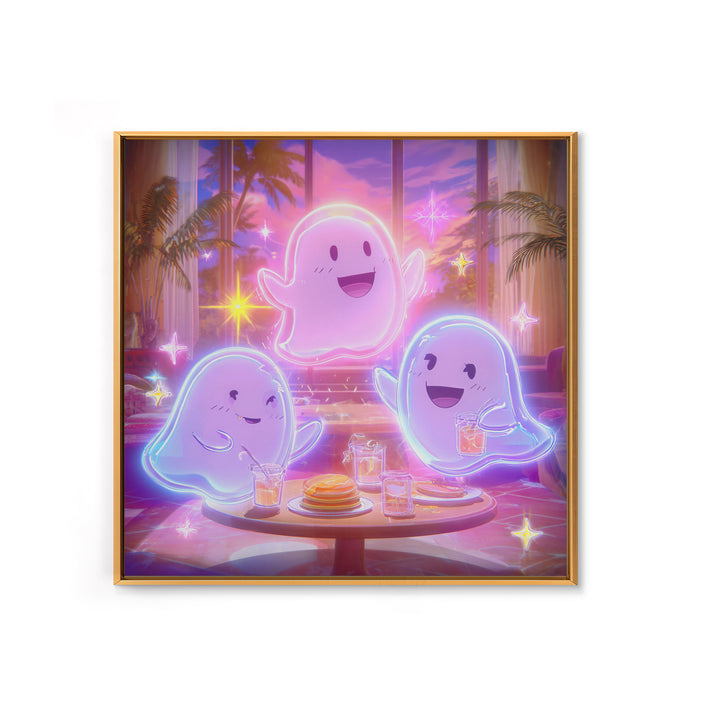 The Ghost Family Breakfast, Retro Neon Halloween Art, Square Wall Art, Framed Canvas Print, Retro Halloween Decor, Neon Wall Art