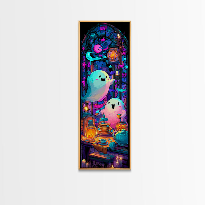 The Ghost Family Breakfast, Vaporwave Halloween Decor, Tall Narrow Wall Art, Canvas Print, Retro Halloween Decor, Neon Wall Art