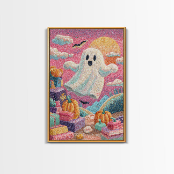 The Ghost Daycare, Retro Neon Halloween Art, Vertical Wall Art, Canvas Print, Retro Halloween Decor, Neon Wall Art, Statement Wall Art