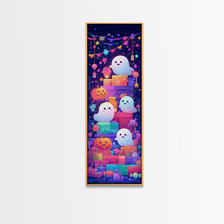 The Ghost Daycare, Retro Neon Halloween Art, Tall Narrow Wall Art, Framed Canvas Print, Retro Halloween Decor, Neon Wall Art