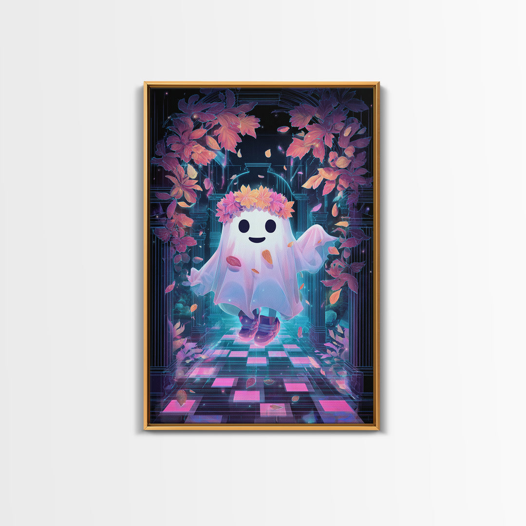 The Ghost With A Flower Crown, Retro Neon Halloween Art, Vertical Wall Art, Framed Canvas Print, Retro Halloween Decor, Neon Wall Art
