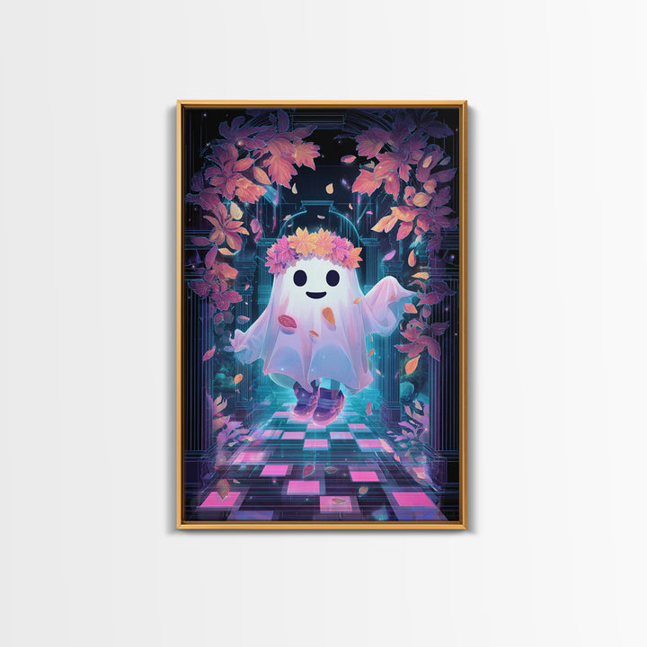 The Ghost With A Flower Crown, Retro Neon Halloween Art, Vertical Wall Art, Framed Canvas Print, Retro Halloween Decor, Neon Wall Art
