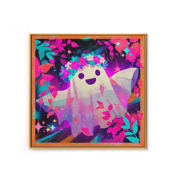 The Ghost With A Flower Crown, Vaporwave Halloween Decor, Square Wall Art, Canvas Print, Retro Halloween Decor, Neon Wall Art