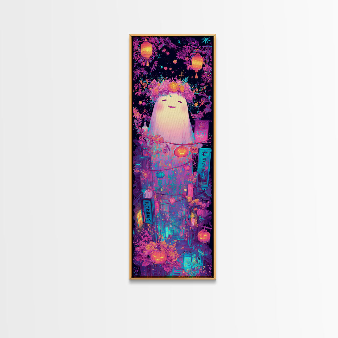 The Ghost With A Flower Crown, Synthwave Halloween Art, Tall Narrow Wall Art, Canvas Print, Retro Halloween Decor, Neon Wall Art