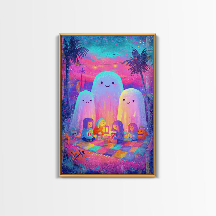 The Sleepy Blanket Ghost, Cute Spooky Neon Art, Vertical Wall Art, Canvas Print, Retro Halloween Decor, Neon Wall Art, Spooky Wall Decor