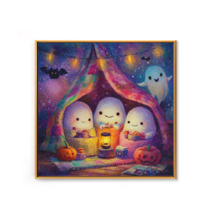 The Sleepy Blanket Ghost, Cute Spooky Neon Art, Square Wall Art, Canvas Print, Retro Halloween Decor, Neon Wall Art, Seasonal Home Decor