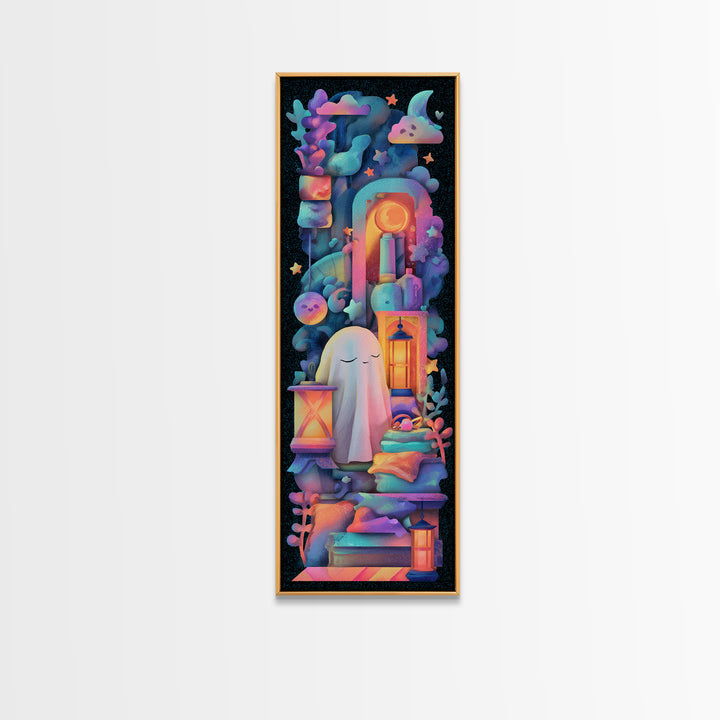 The Sleepy Blanket Ghost, Synthwave Halloween Art, Tall Narrow Wall Art, Canvas Print, Retro Halloween Decor, Neon Wall Art