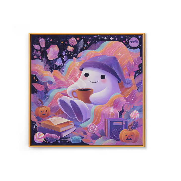 The Ghost Mail Carrier, Cute Spooky Neon Art, Square Wall Art, Framed Canvas Print, Retro Halloween Decor, Neon Wall Art