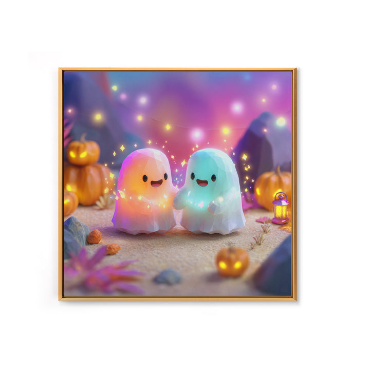 The Ghost And Firefly Friends, Cute Spooky Neon Art, Square Wall Art, Framed Canvas Print, Retro Halloween Decor, Neon Wall Art