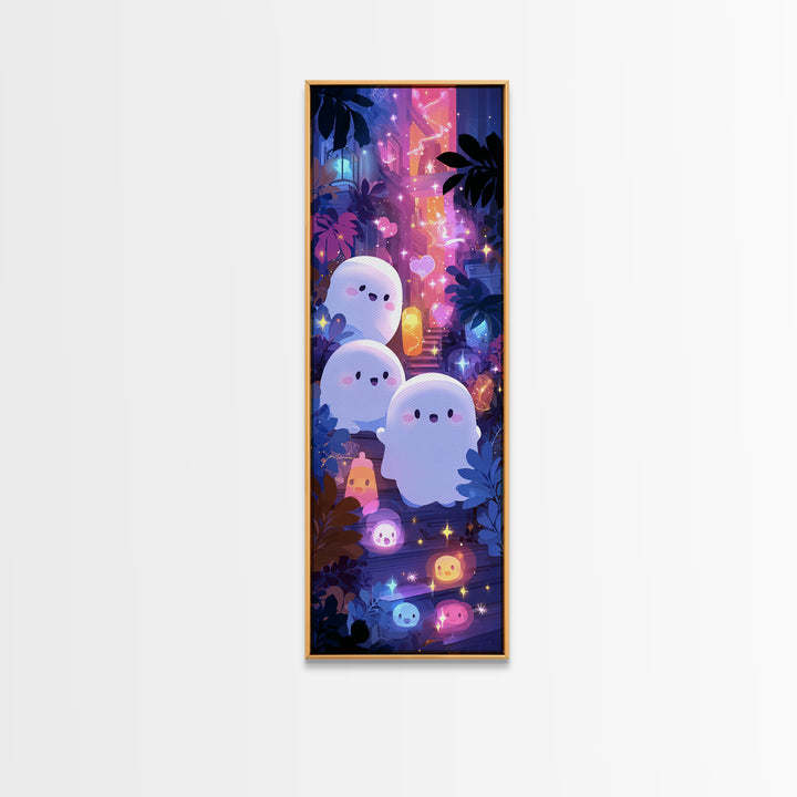 The Ghost And Firefly Friends, Vaporwave Halloween Decor, Tall Narrow Wall Art, Canvas Print, Retro Halloween Decor, Neon Wall Art