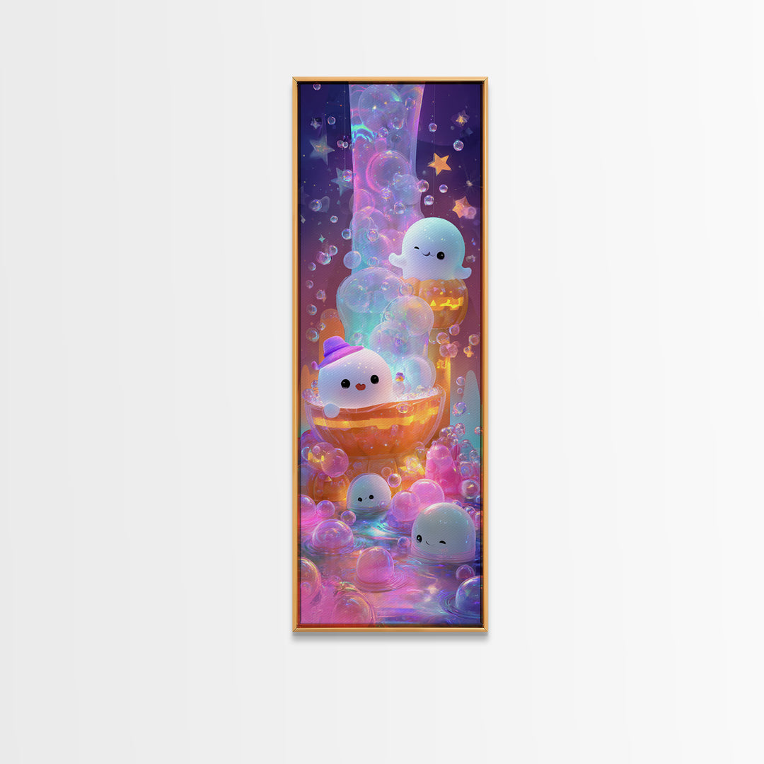 The Ghost Bubble Bath, Cute Spooky Neon Art, Tall Narrow Wall Art, Canvas Print, Retro Halloween Decor, Neon Wall Art, Seasonal Home Decor