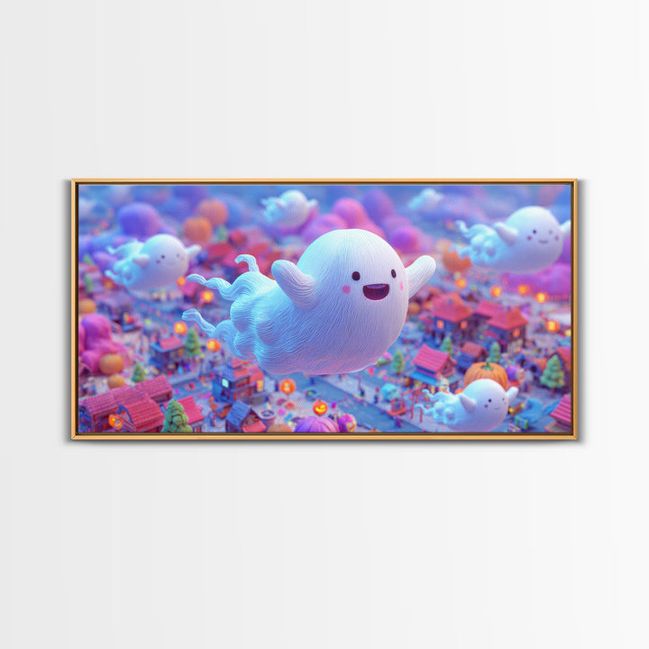 The Ghost Kite Festival, 80s Halloween Wall Art, Wide Panoramic Art, Framed Canvas Print, Retro Halloween Decor, Neon Wall Art