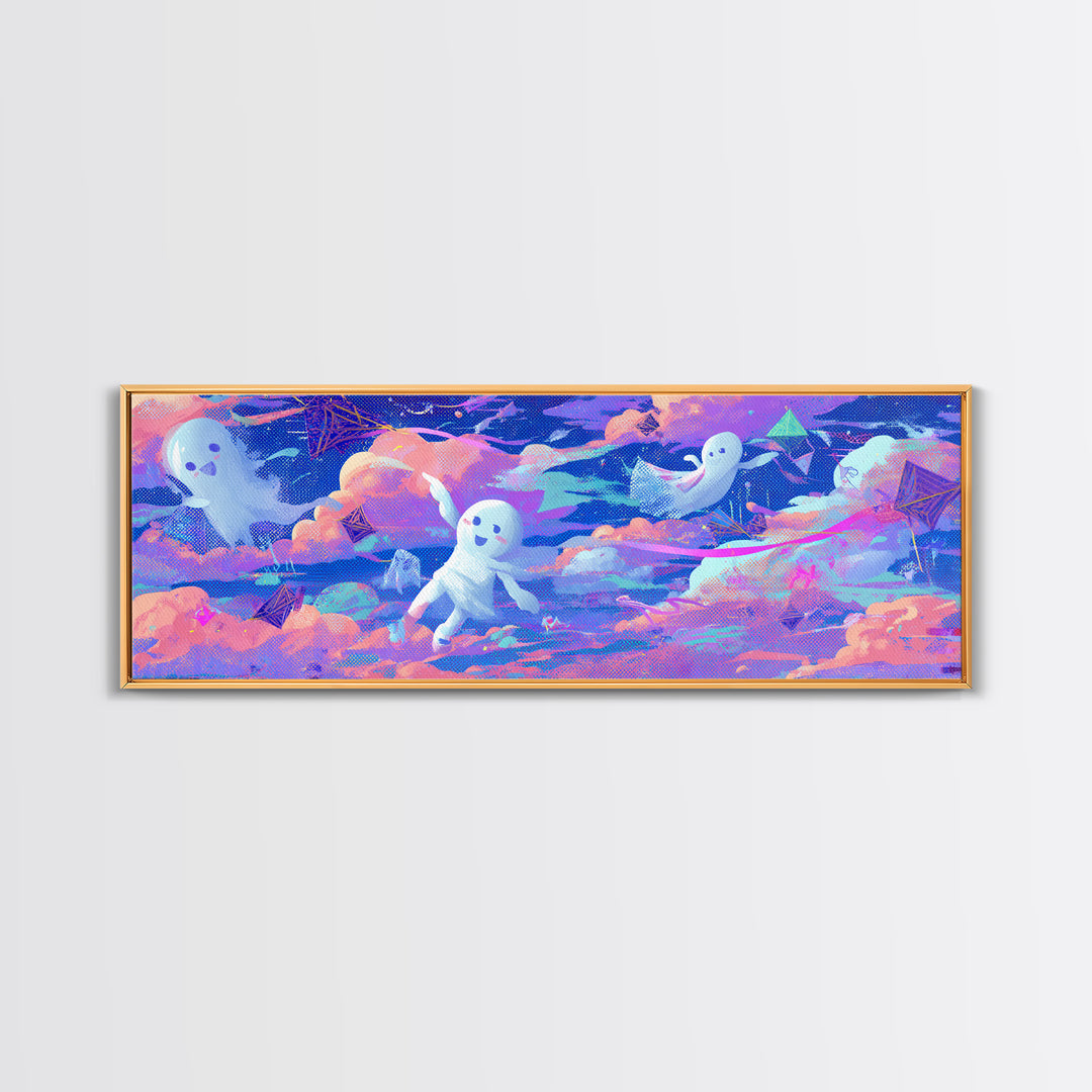 The Ghost Kite Festival, Retro Neon Halloween Art, Extra Wide Wall Art, Canvas Print, Retro Halloween Decor, Neon Wall Art