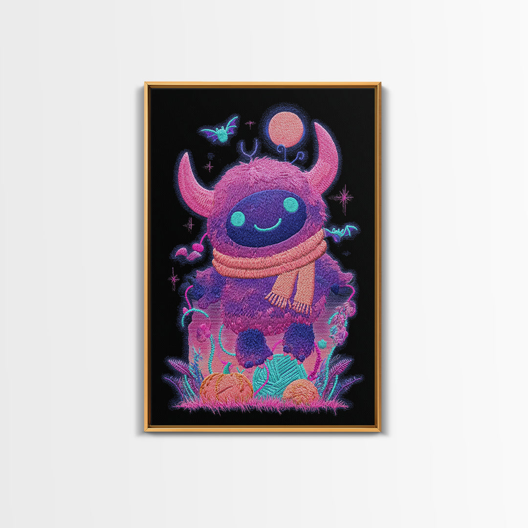 The Fuzzy Purple Monster, Synthwave Halloween Art, Vertical Wall Art, Canvas Print, Retro Halloween Decor, Neon Wall Art, Macabre Wall Art
