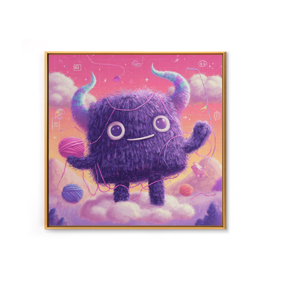 The Fuzzy Purple Monster, Vaporwave Halloween Decor, Square Wall Art, Framed Canvas Print, Retro Halloween Decor, Neon Wall Art