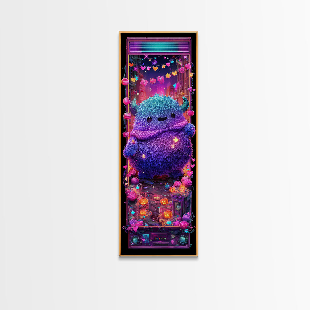 The Fuzzy Purple Monster, Synthwave Halloween Art, Tall Narrow Wall Art, Canvas Print, Retro Halloween Decor, Neon Wall Art