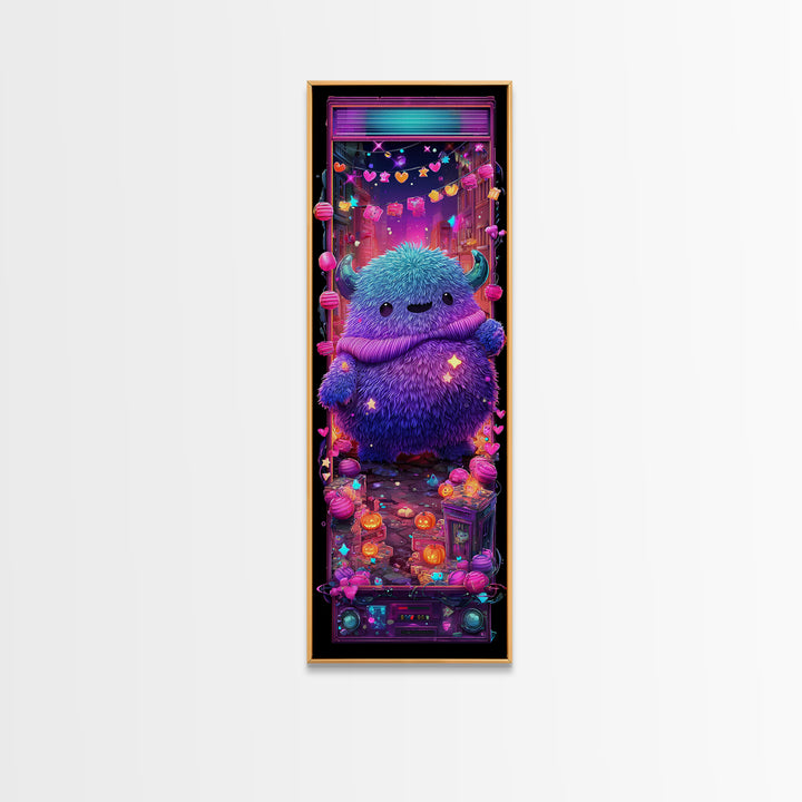 The Fuzzy Purple Monster, Synthwave Halloween Art, Tall Narrow Wall Art, Canvas Print, Retro Halloween Decor, Neon Wall Art