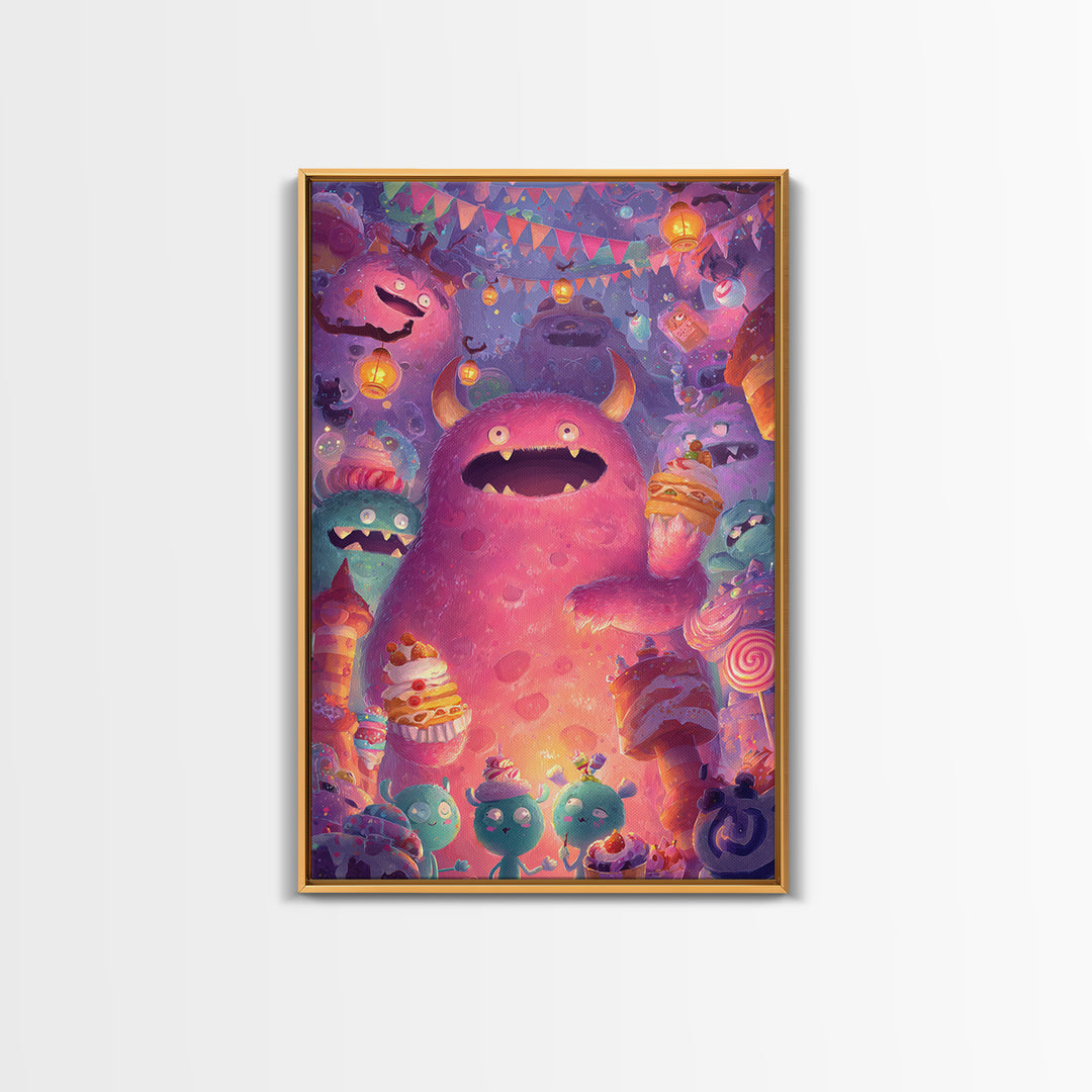 The Polka-Dot Monster, Vaporwave Halloween Decor, Vertical Wall Art, Framed Canvas Print, Retro Halloween Decor, Neon Wall Art