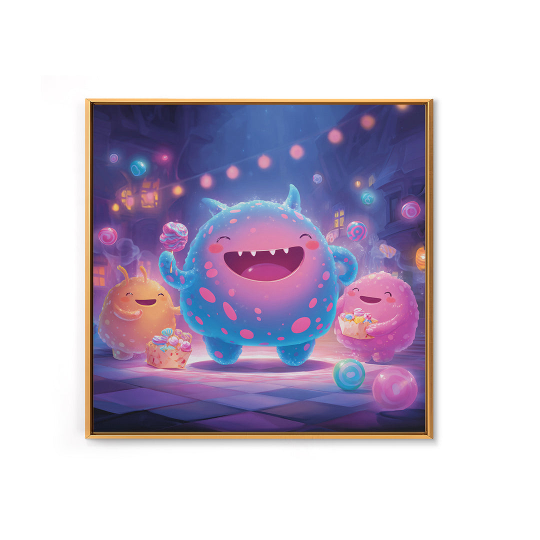 The Polka-Dot Monster, Synthwave Halloween Art, Square Wall Art, Framed Canvas Print, Retro Halloween Decor, Neon Wall Art