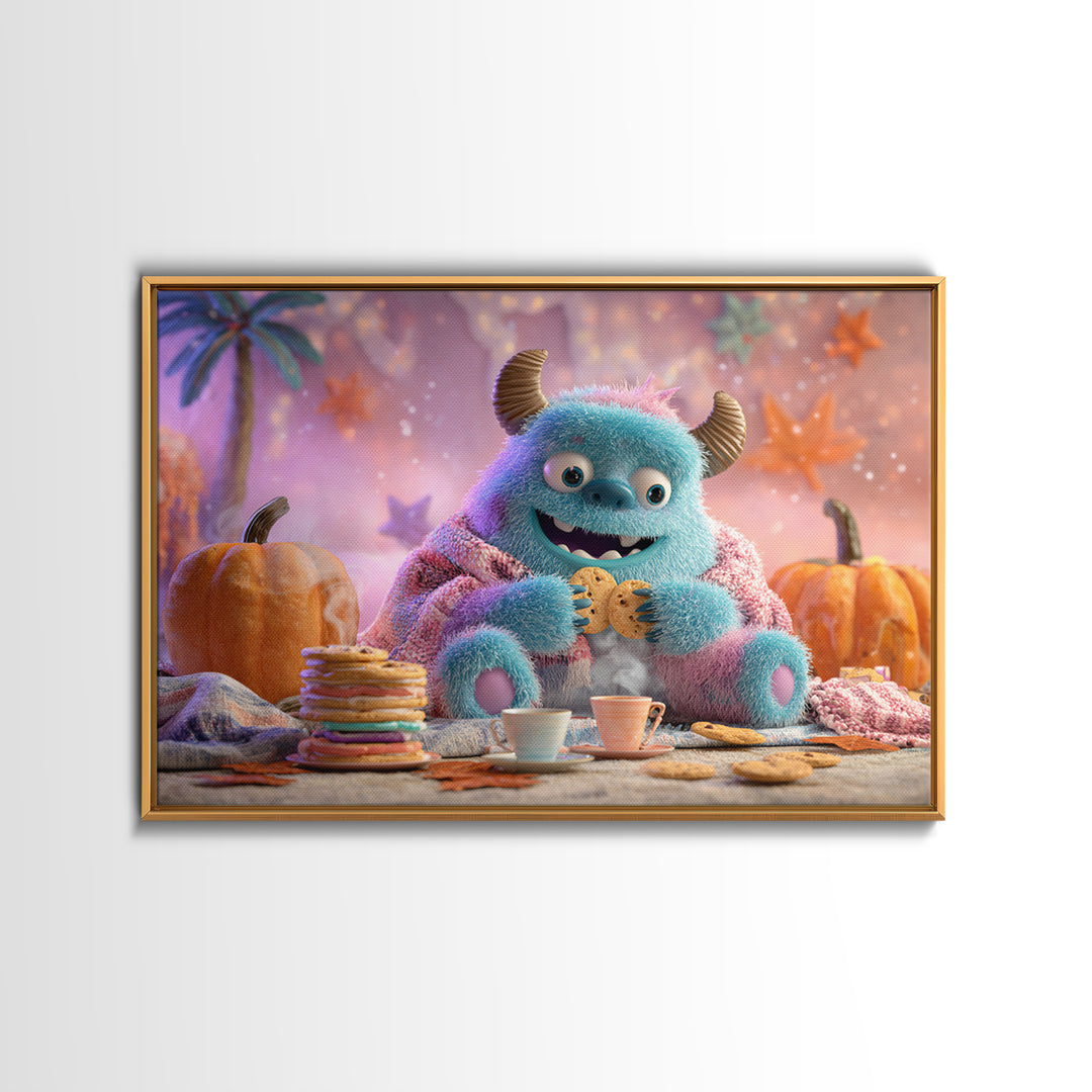 The Monster Under The Bed Tea Party, Vaporwave Halloween Decor, Landscape Wall Art, Canvas Print, Retro Halloween Decor, Neon Wall Art