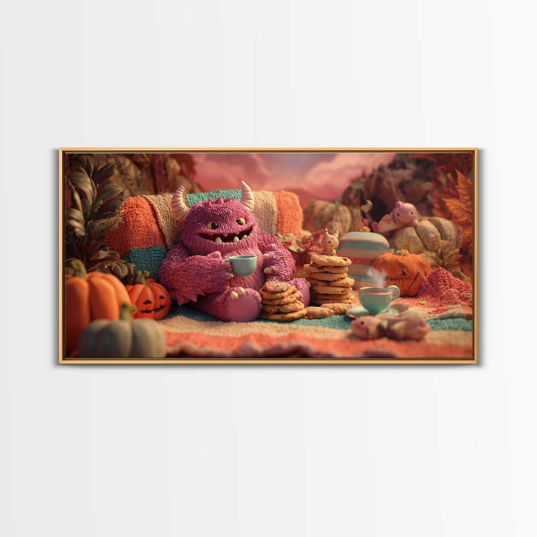 The Monster Under The Bed Tea Party, Vaporwave Halloween Decor, Wide Panoramic Art, Framed Canvas Print, Retro Halloween Decor