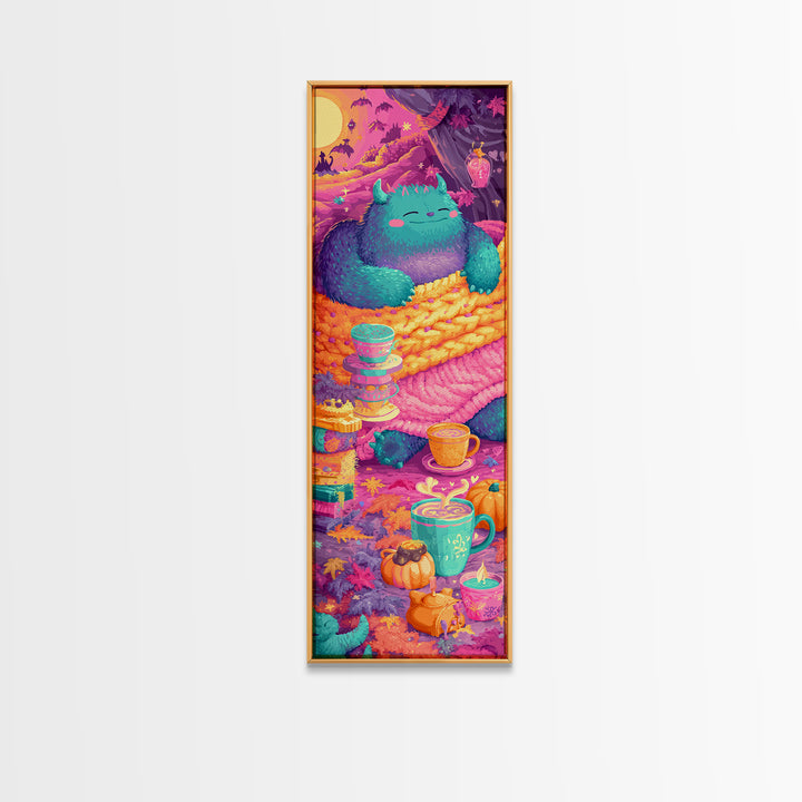 The Monster Under The Bed Tea Party, Retro Neon Halloween Art, Tall Narrow Wall Art, Framed Canvas Print, Retro Halloween Decor
