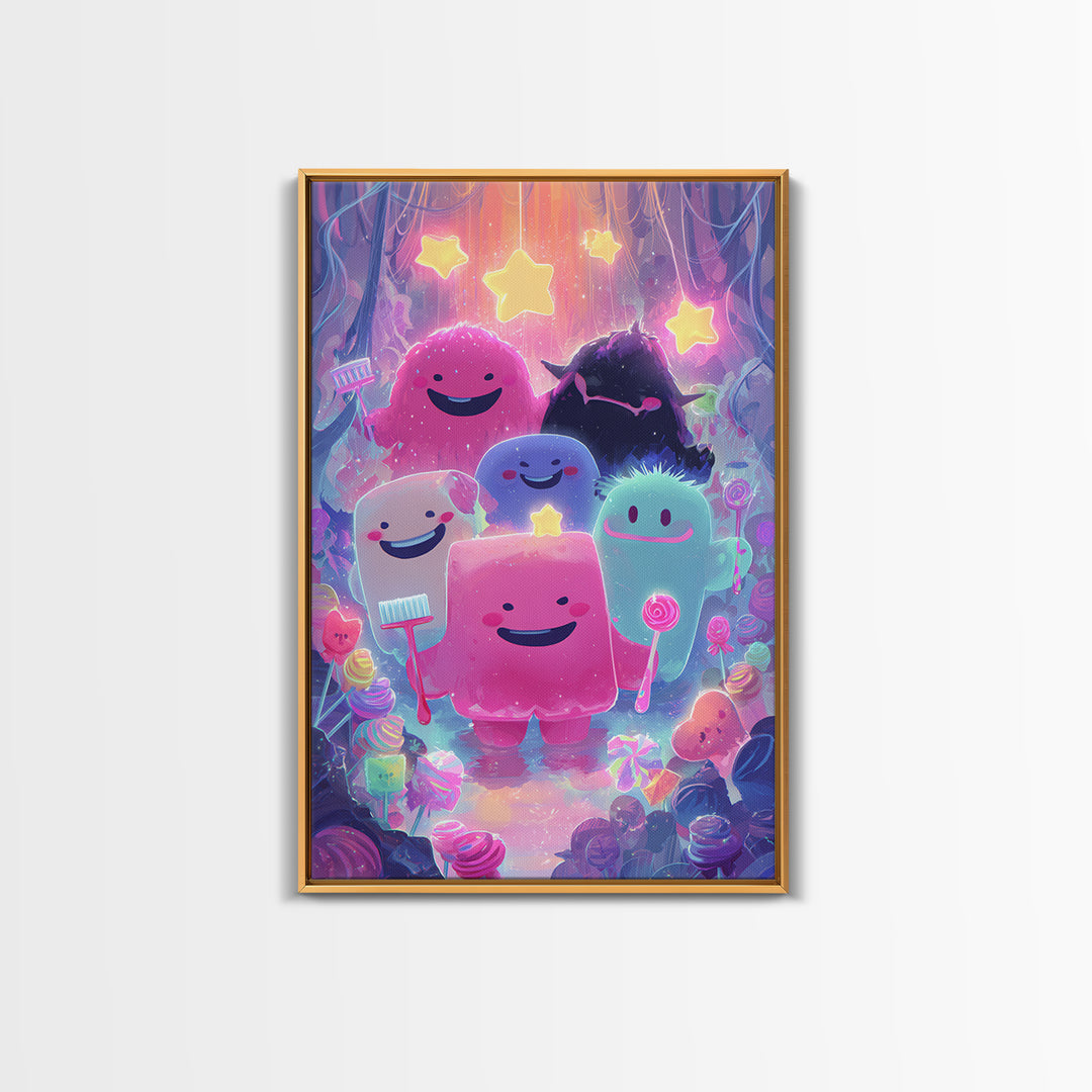 The Monster Toothbrush Club, Vaporwave Halloween Decor, Vertical Wall Art, Framed Canvas Print, Retro Halloween Decor, Neon Wall Art