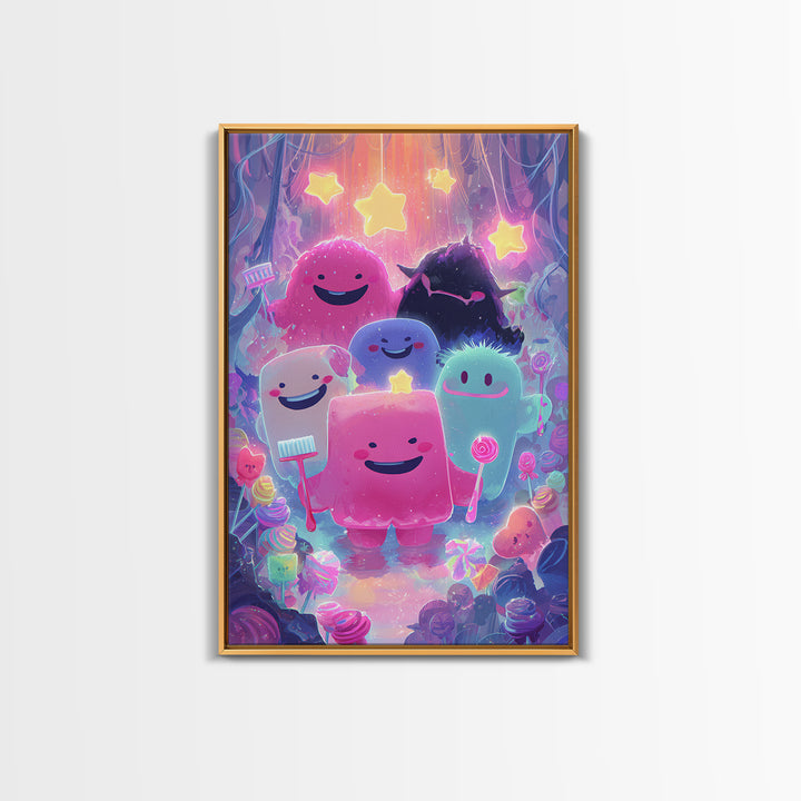 The Monster Toothbrush Club, Vaporwave Halloween Decor, Vertical Wall Art, Framed Canvas Print, Retro Halloween Decor, Neon Wall Art