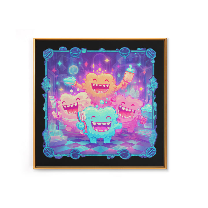 The Monster Toothbrush Club, Vaporwave Halloween Decor, Square Wall Art, Canvas Print, Retro Halloween Decor, Neon Wall Art