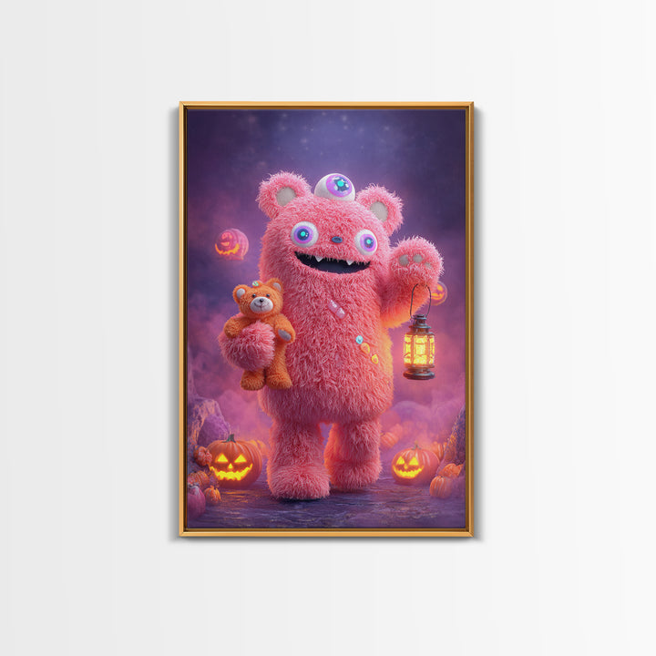 The Three-Eyed Teddy Monster, 80s Halloween Wall Art, Vertical Wall Art, Framed Canvas Print, Retro Halloween Decor, Neon Wall Art