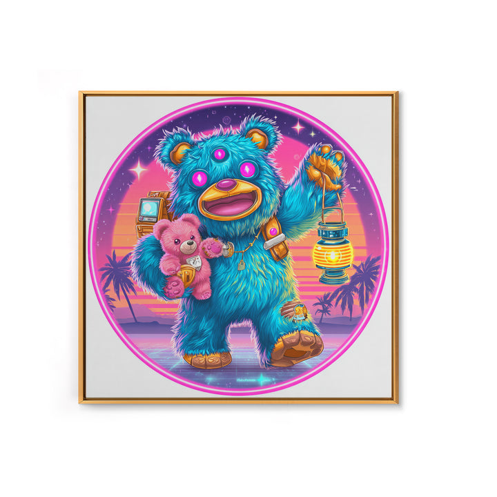 The Three-Eyed Teddy Monster, Cute Spooky Neon Art, Square Wall Art, Framed Canvas Print, Retro Halloween Decor, Neon Wall Art
