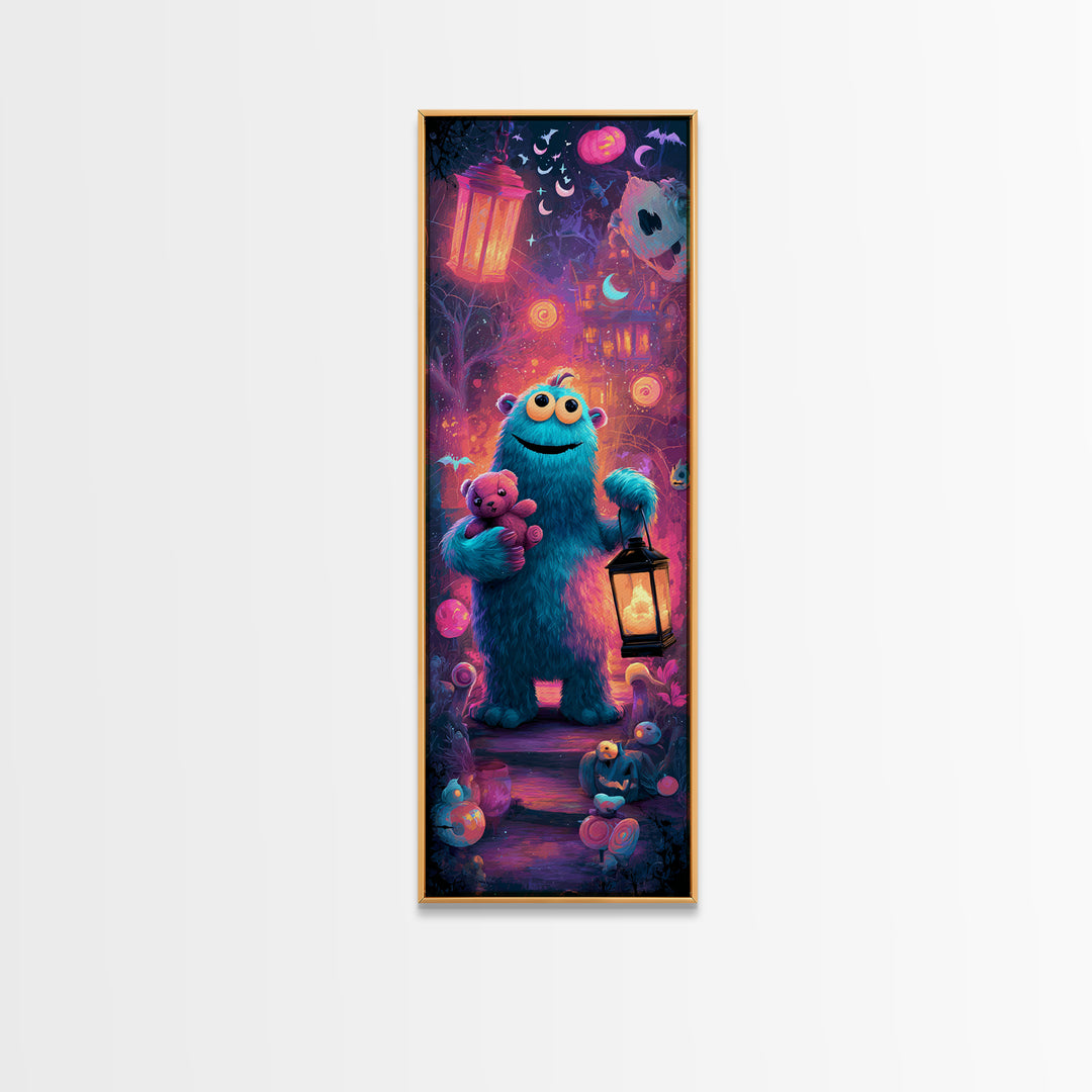 The Three-Eyed Teddy Monster, Vaporwave Halloween Decor, Tall Narrow Wall Art, Framed Canvas Print, Retro Halloween Decor, Neon Wall Art