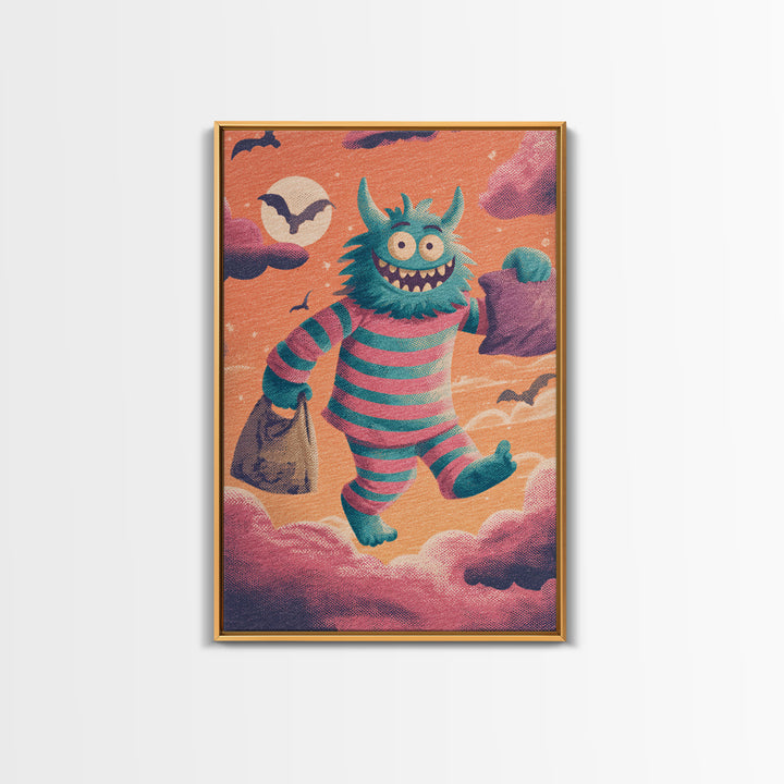 The Monster Pajama Parade, Synthwave Halloween Art, Vertical Wall Art, Framed Canvas Print, Retro Halloween Decor, Neon Wall Art
