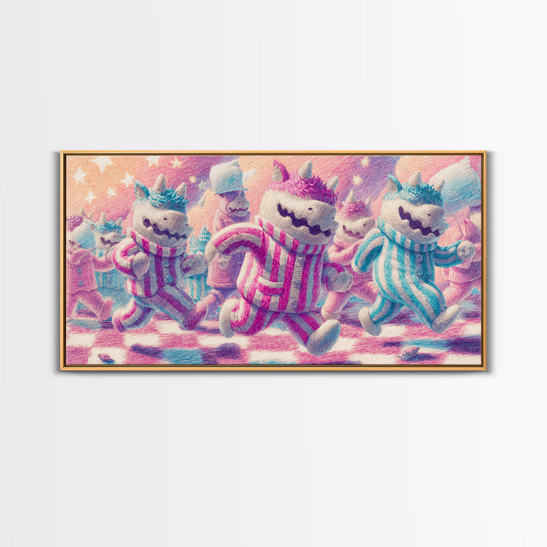 The Monster Pajama Parade, 80s Halloween Wall Art, Wide Panoramic Art, Framed Canvas Print, Retro Halloween Decor, Neon Wall Art