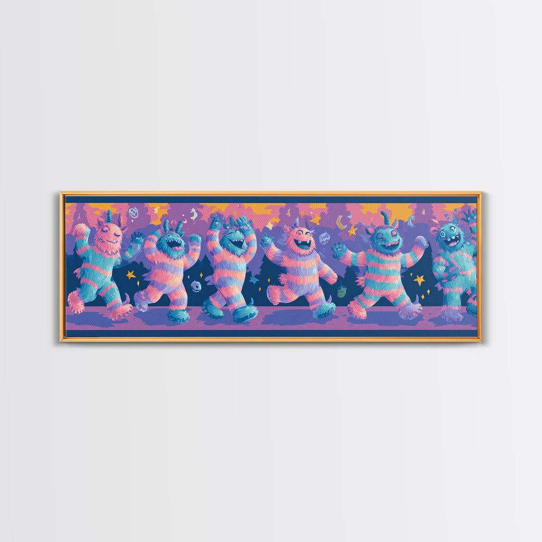 The Monster Pajama Parade, 80s Halloween Wall Art, Extra Wide Wall Art, Framed Canvas Print, Retro Halloween Decor, Neon Wall Art
