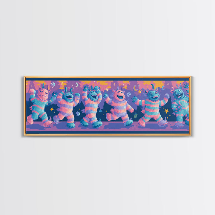 The Monster Pajama Parade, 80s Halloween Wall Art, Extra Wide Wall Art, Framed Canvas Print, Retro Halloween Decor, Neon Wall Art
