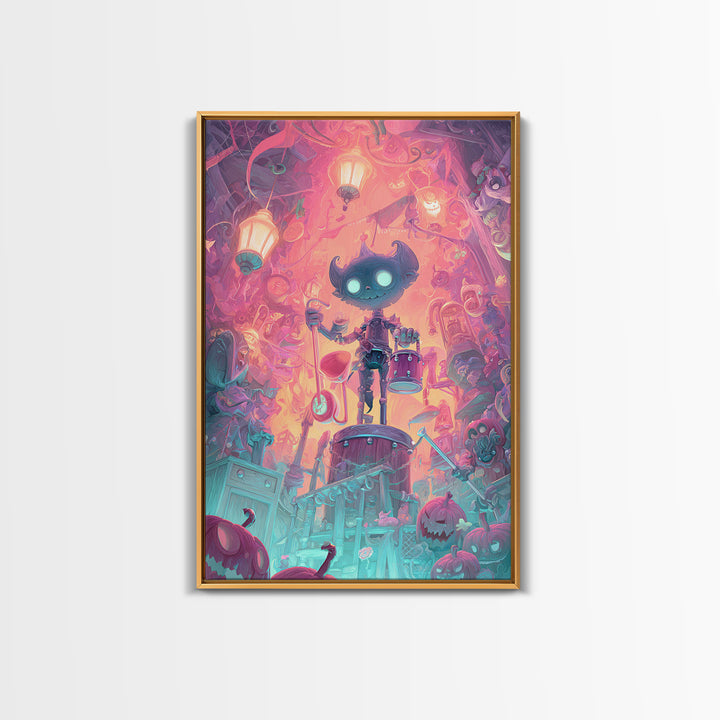 The Little Monster Orchestra, Synthwave Halloween Art, Vertical Wall Art, Canvas Print, Retro Halloween Decor, Neon Wall Art