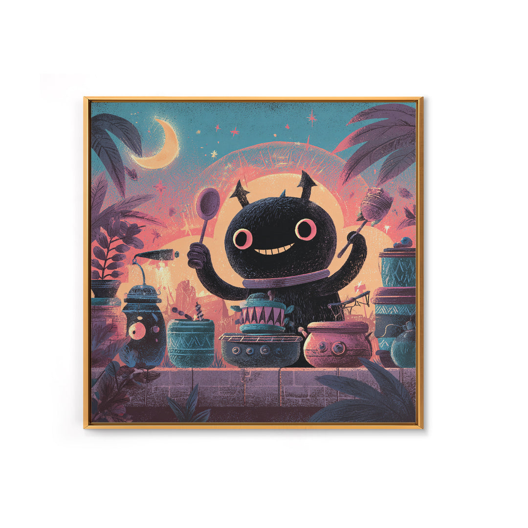 The Little Monster Orchestra, Cute Spooky Neon Art, Square Wall Art, Framed Canvas Print, Retro Halloween Decor, Neon Wall Art