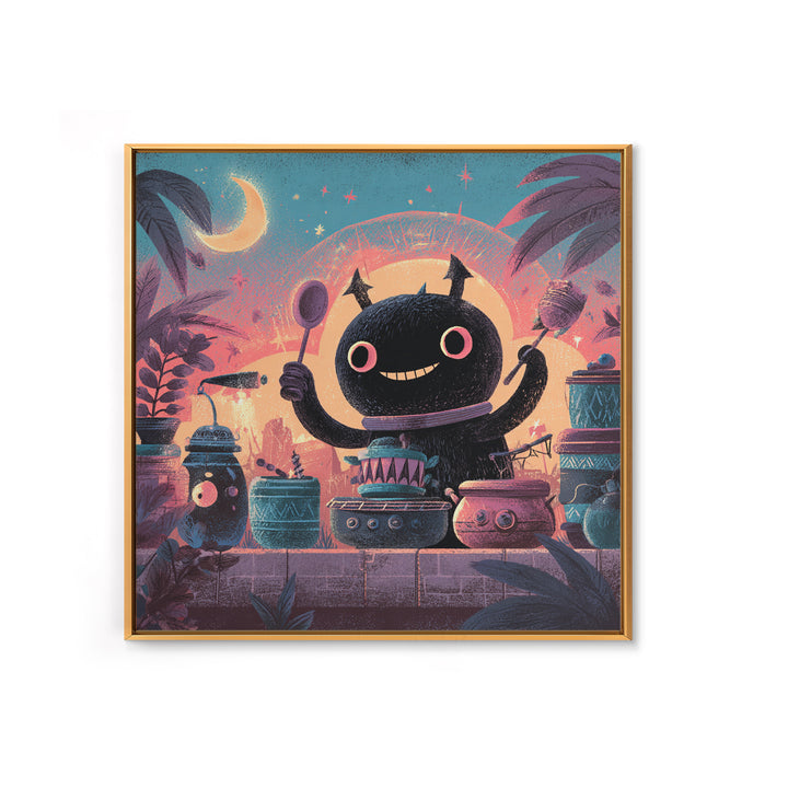 The Little Monster Orchestra, Cute Spooky Neon Art, Square Wall Art, Framed Canvas Print, Retro Halloween Decor, Neon Wall Art